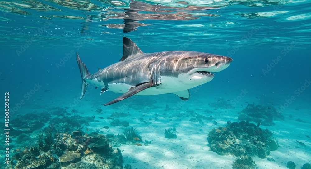 Obraz premium Great White Shark Swimming Underwater in Ocean