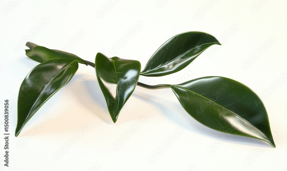 Fototapeta premium Green leaves branch, studio shot, white background, nature
