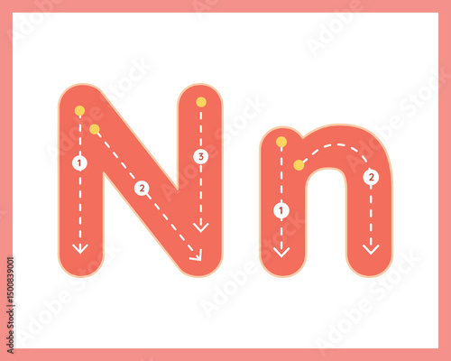 Letter N Uppercase ad Lowercase Alphabet Tracing Guide for Kids Worksheet