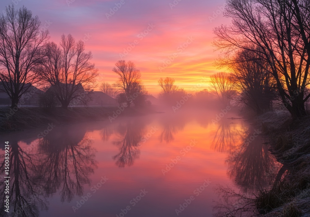 Obraz premium Photo of Sunrise Over River Reflecting Colorful Sky with Trees and Fog