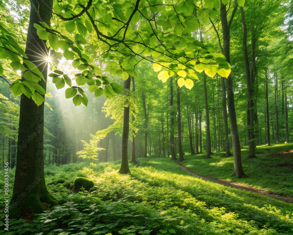 Obraz premium A lush green forest through the leaves with sunlight shining
