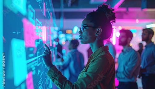 Woman in glasses interacts with neon-lit holographic screen