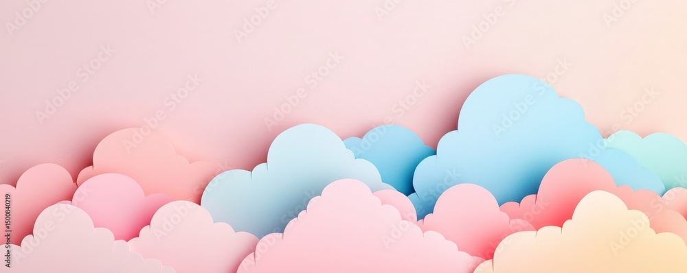 Fototapeta premium Pastel Cloudscape Layered Paper Clouds in Pink and Blue, dreamy , background