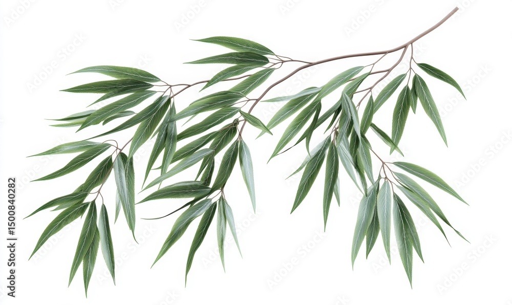 Fototapeta premium Green willow branch, leaves, isolated, white background, nature