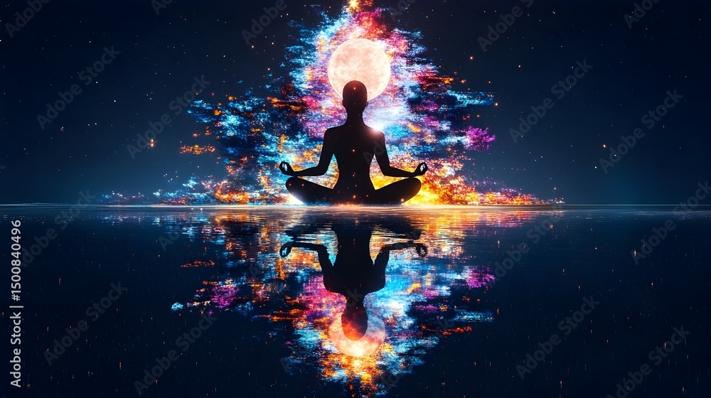 Silhouetted figure in lotus pose, centered before a vibrant, moonlit, colorful, ethereal explosion reflected in still water Silhouetted figure in lotus pose, centered before a vibrant, moonlit, colorful, ethereal explosion reflected in still water