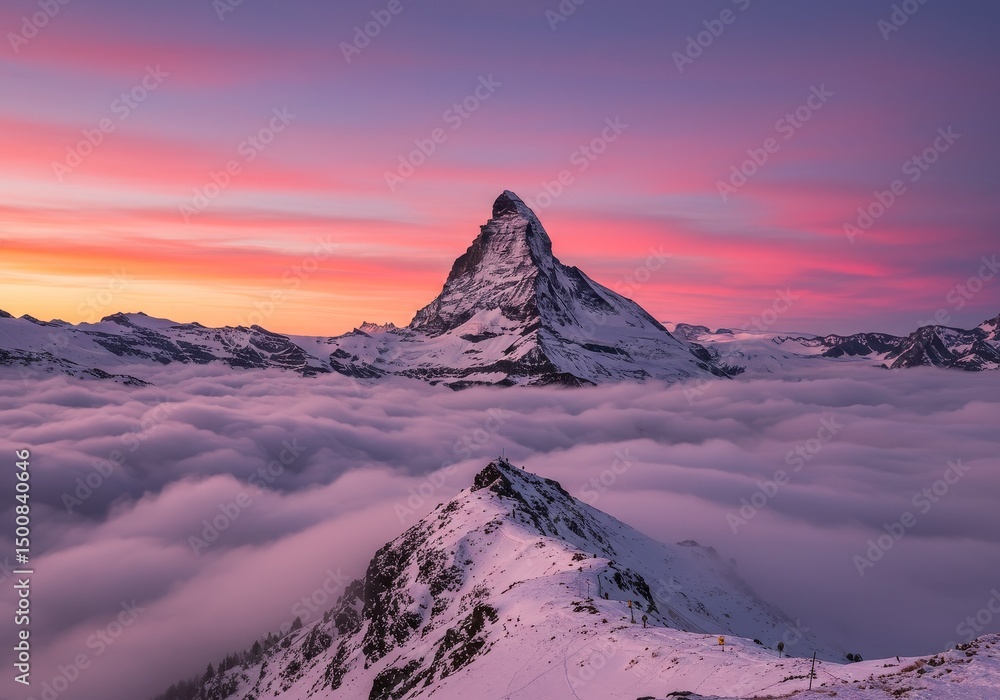 Naklejka premium Photo Snowy Mountain Peaks At Sunset With Pink Clouds And Golden Horizon