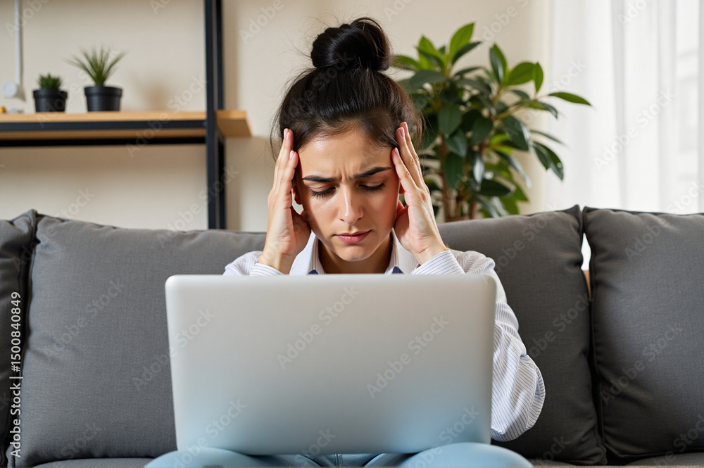 Fototapeta premium Woman sitting on a couch with her head in her hands, surrounded by cushions and a laptop on a table in front.