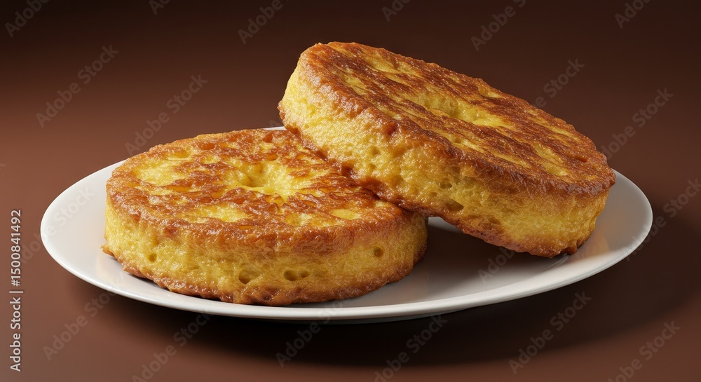 Photo of Two Golden French Toasts on a White Plate and Chocolate Background Photo of Two Golden French Toasts on a White Plate and Chocolate Background