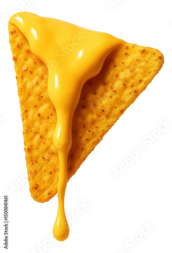 A tortilla chip topped with smooth, melted cheese sauce dripping down the edges.