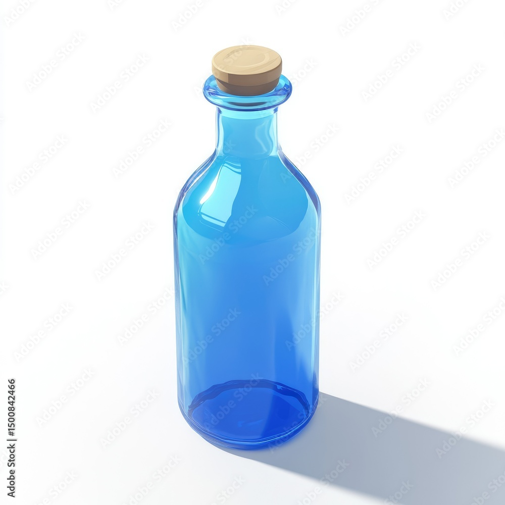A digitally rendered image showcases a cobalt blue glass bottle, cylindrical with a slightly wider body, sealed with a light brown cork stopper. It casts a subtle shadow on a white background A digitally rendered image showcases a cobalt blue glass bottle, cylindrical with a slightly wider body, sealed with a light brown cork stopper. It casts a subtle shadow on a white background