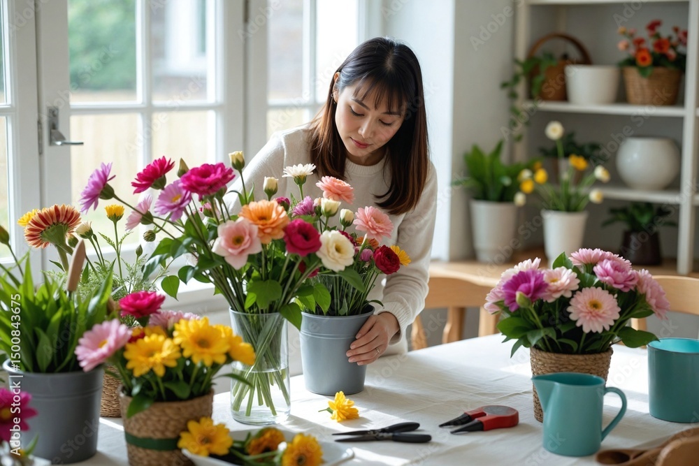 East Asian Woman in Her Forties Crafting Elegant Floral Arrangements in a Vase in a Sunlit Studio East Asian Woman in Her Forties Crafting Elegant Floral Arrangements in a Vase in a Sunlit Studio