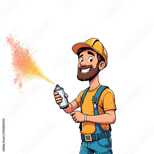 Vsai smiling construction worker spraying orange paint with aerosol can