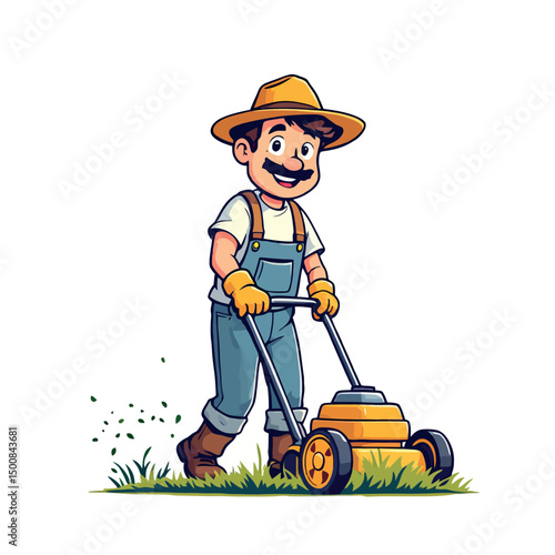 Vsai happy gardener cutting grass with lawnmower in garden