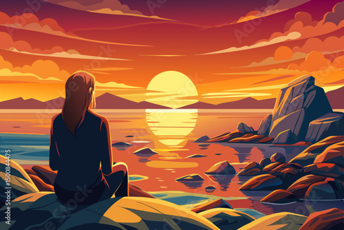 background of young woman traveler watches a beautiful sunset on the rocks on the beach vector
