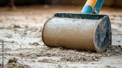 Roller compacting sand layer at site preparation stage for large building