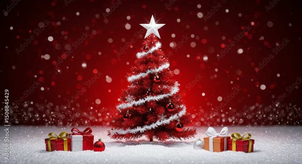 Obraz premium Realistic 3D Christmas Tree with Red Background Snow and Gifts Illustration