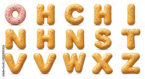 Realistic 3D Alphabet Letters Baked Donuts with Colorful Sprinkles Isolated