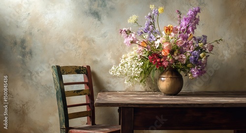 Artistic still life of wooden table with mismatched chairs and vase of spring flowers near textured wall.