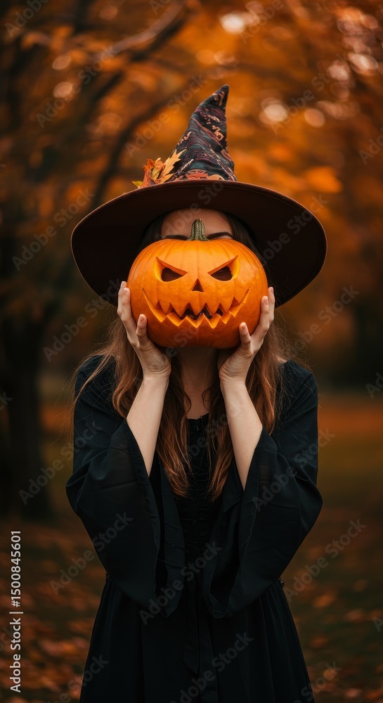 Naklejka premium Photo of Woman in Witch Costume Holding Carved Pumpkin During Autumn Celebration