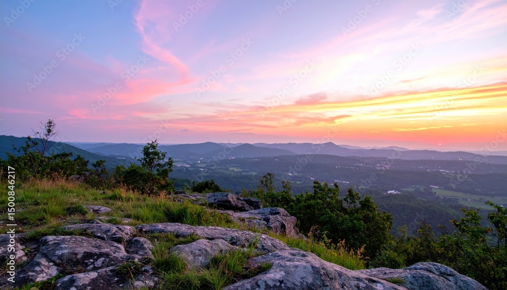 Obraz premium Mountain top vista under a colorful dawn sky with rolling hills
