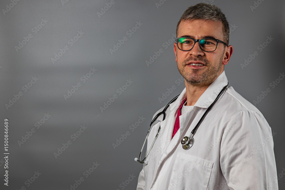 Doctor in white coat smiling indoors with stethoscope and glasses Doctor in white coat smiling indoors with stethoscope and glasses