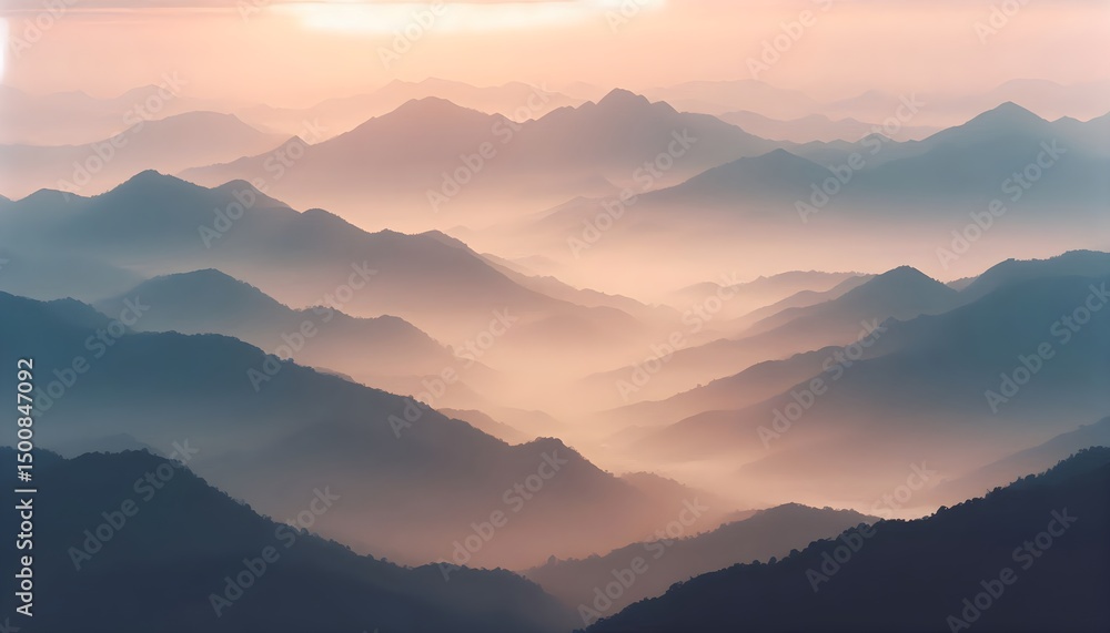 Obraz premium Misty mountain range at sunrise with soft pastel colors and layered fading silhouettes creating a peaceful dreamy landscape