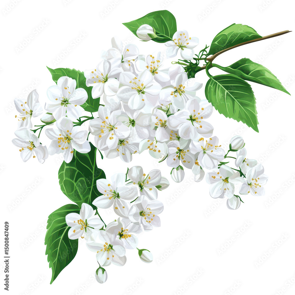 Fototapeta premium Branch of white blossoms with green leaves