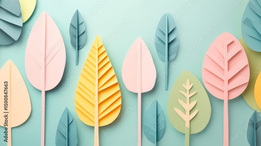 Fototapeta premium Pastel Paper Leaf Forest Whimsical 3D Art on Teal Background, Papercraft , Pastel colors
