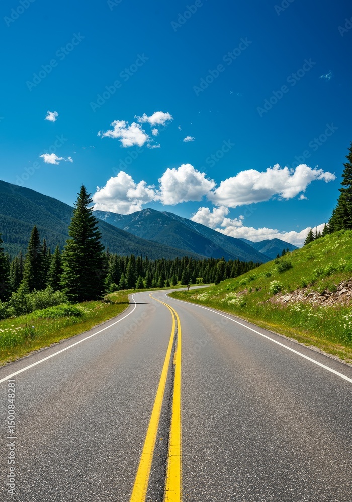 Fototapeta premium Scenic Road Winding Through Lush Mountain Landscape Under Bright Blue Sky Photo