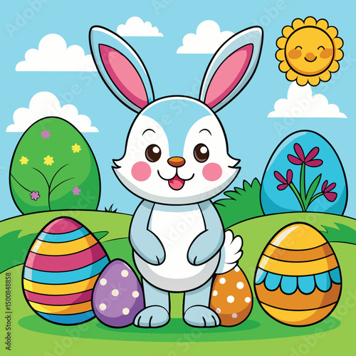 Adorable cartoon easter bunny with colorful eggs and smiling sunny day illustration