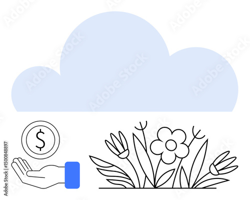 Cloud above blooming flowers and a hand holding a coin. Ideal for sustainability, finance, digital cloud, environment, eco-business, renewable energy, simple landing page