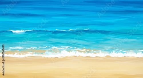 Watercolor Beach Illustration Blue Ocean Waves Meeting Sandy Shoreline