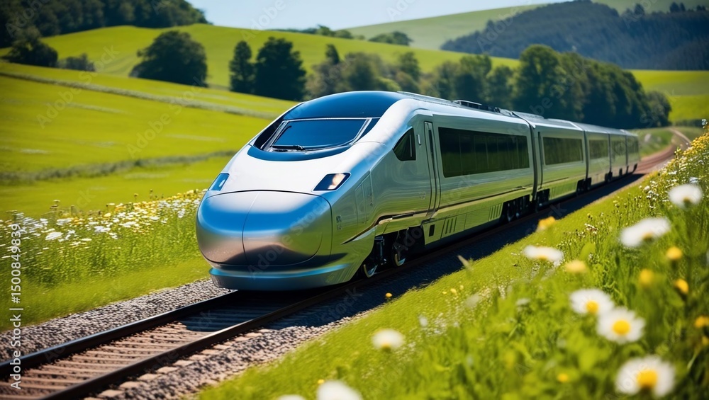 Fototapeta premium Sleek Silver Bullet: A Modern High-Speed Train Gliding Through Green Fields