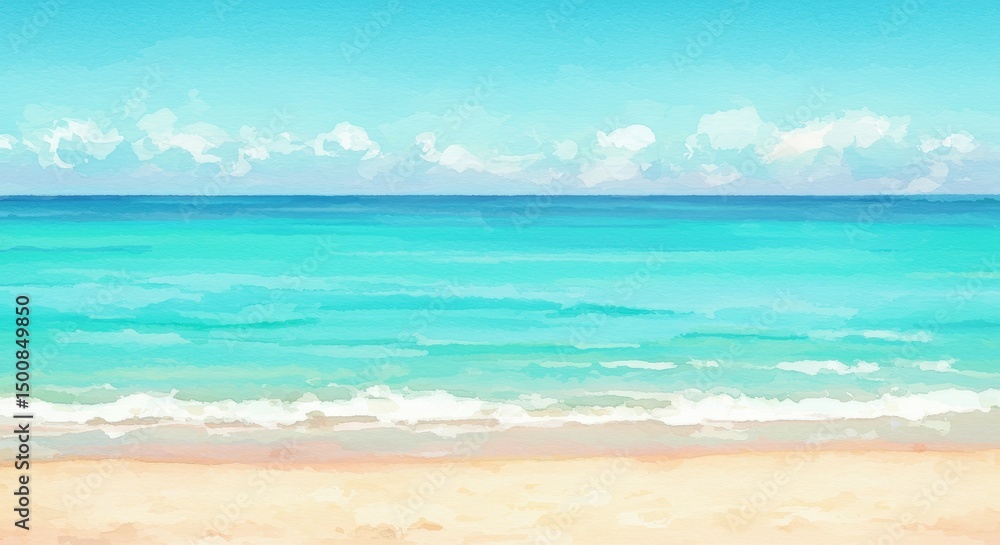 Obraz premium Watercolor Illustration of a Tranquil Beach with Blue Sky and Ocean