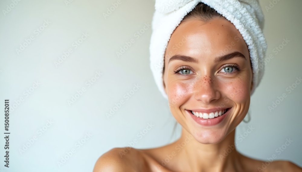 Beautiful young woman with radiant skin smiles. White towel on head. Fresh face, healthy skin glow, freckles. Anti-ageing beauty, skincare concept, self care routine. Beautiful young woman with radiant skin smiles. White towel on head. Fresh face, healthy skin glow, freckles. Anti-ageing beauty, skincare concept, self care routine.