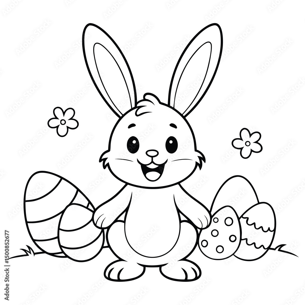 Fototapeta premium Happy easter bunny with decorated eggs and spring flowers in a black and white outline