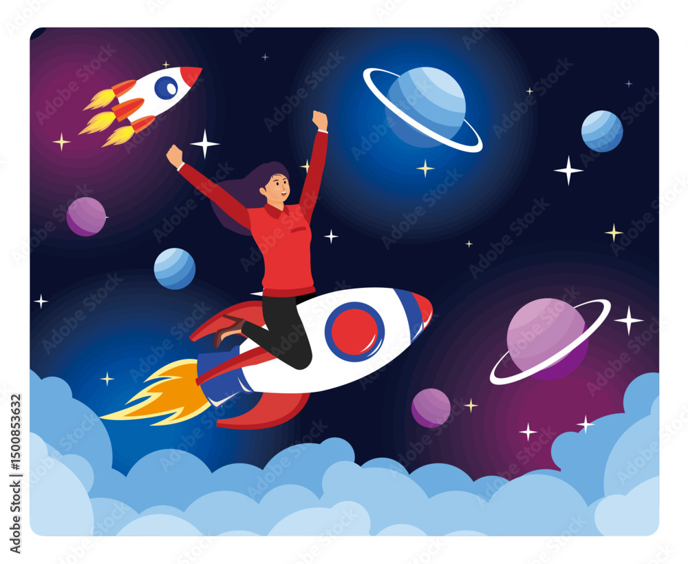 Naklejka premium Imagination Concept. Excited Woman Riding a Rocket Through Outer Space.