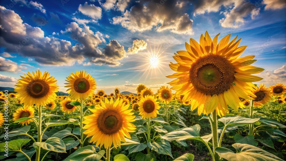 Fototapeta premium Sunlit Sunflower Field at Sunset Vibrant Yellow Blossoms Basking in Golden Hour Light