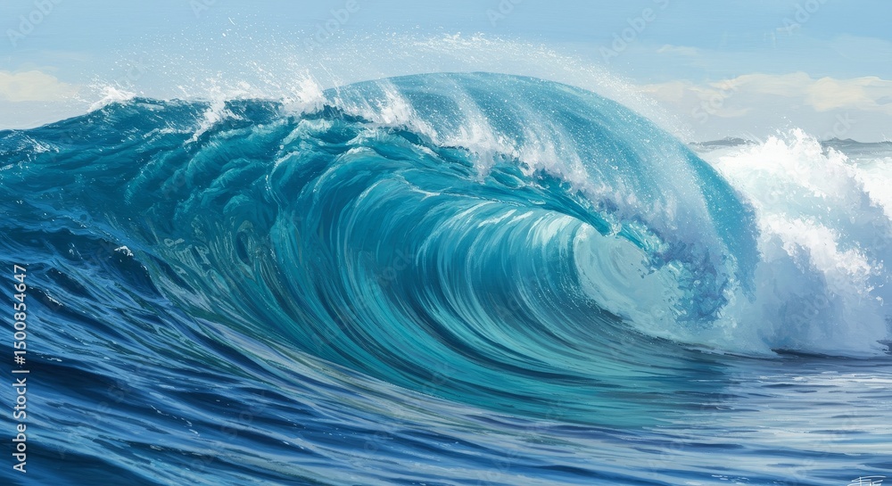 Realistic Illustration of a Blue Ocean Wave with Crystal Clear Water and Foam Realistic Illustration of a Blue Ocean Wave with Crystal Clear Water and Foam