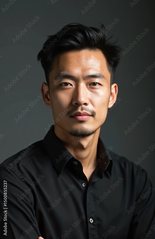 Fototapeta premium Portrait of Asian man in black shirt against gray background. Confident businessman, pro, executive. Perfect for corporate materials. Modern photo, high quality, with soft light, perfect for