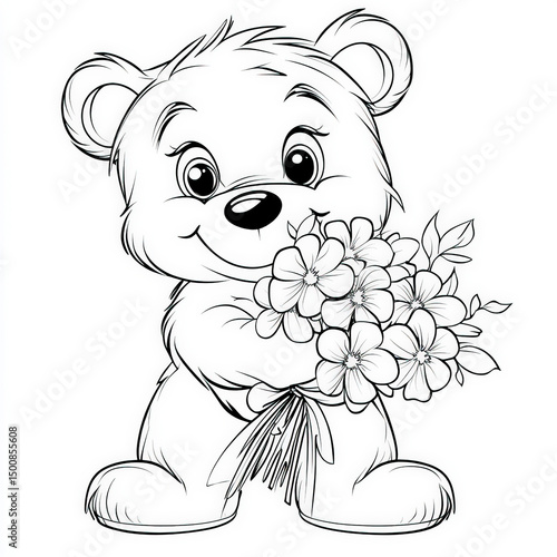 A cheerful bear holding flo...