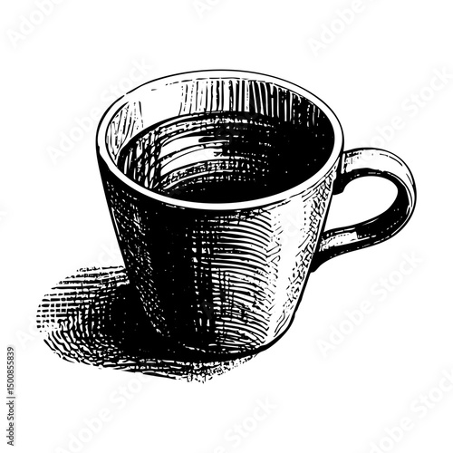 hot coffee cup engraving black and white outline. Scratch board imitation.  illustrated in vintage line art style on a white background.