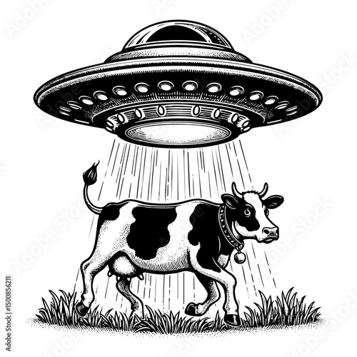UFO kidnap cow sketch engraving black and white outline. Scratch board imitation.