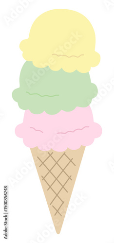 かわいいトリプルアイスクリームのベクターイラスト。3段、デザート、おやつ