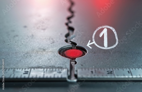 Close-up photo butt weld carbon steel plate. Red crack indication at round hole. Quality control, destructive test of weld joint, material engineering concept. Industrial background.