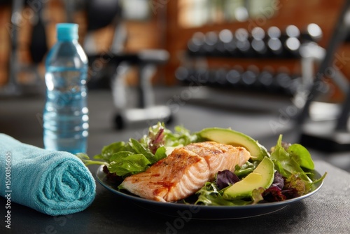 Healthy post-workout meal grilled salmon, salad, & water, alongside weights in a gym setting