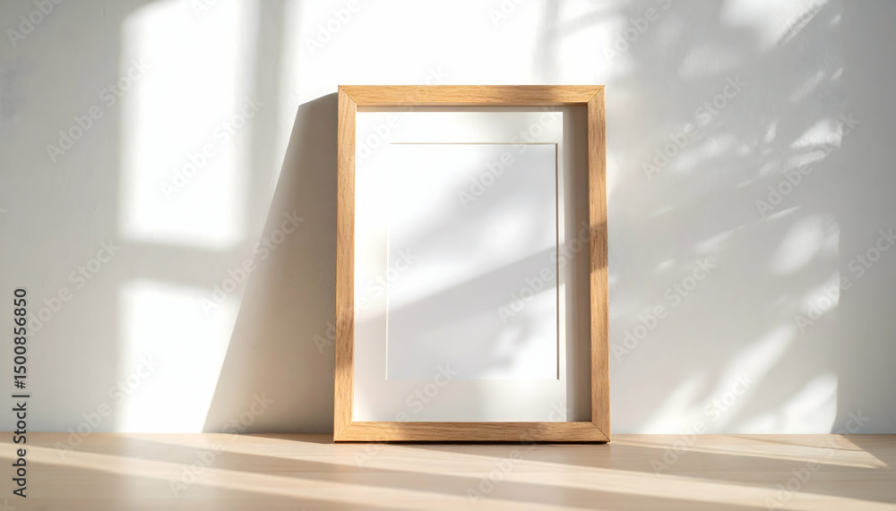 Empty Wooden Frame Mockup On A Light Wooden Table Against A White Wall With Sunlight Shadows Empty Wooden Frame Mockup On A Light Wooden Table Against A White Wall With Sunlight Shadows