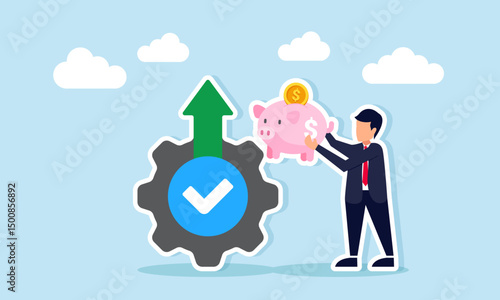 Businessman holding piggy bank beside gear with upward arrow and check mark illustration of improving business financial investment performance
