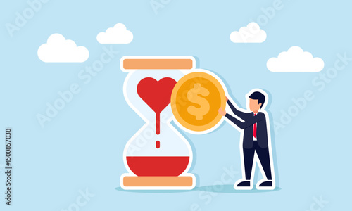 Businessman holding dollar coin next to love shaped hourglass illustration of taking profit from health business progress