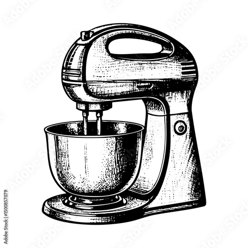 Food mixer sketch engraving black and white outline. Scratch board imitation.  illustrated in vintage line art style on a white background.